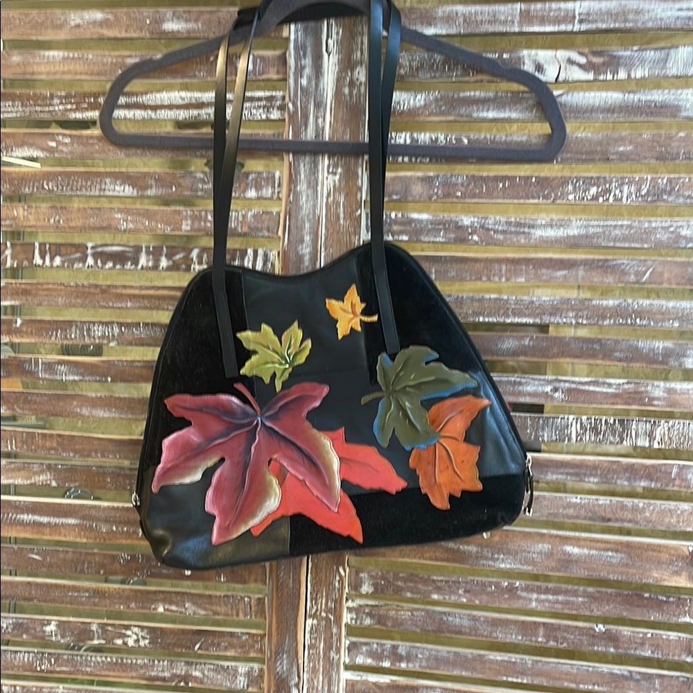Black Leather Tote Bag with Leaf Design
